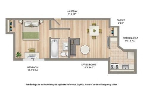 Floor plan for 1 bed, 1 bath, 588 sqft